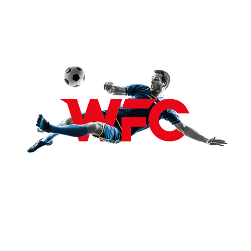 WFC - win football club logo design with football player shooting ball